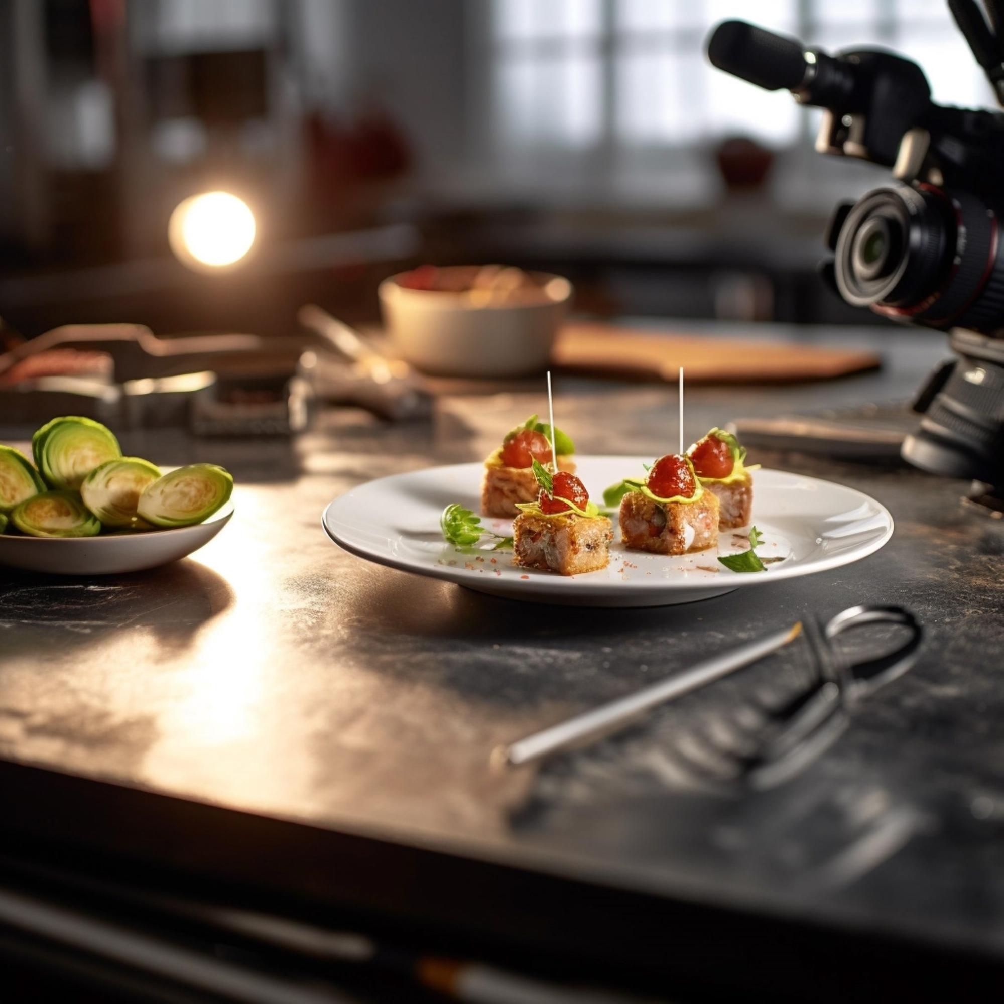 Studio kitchen with plated meals and chef tools