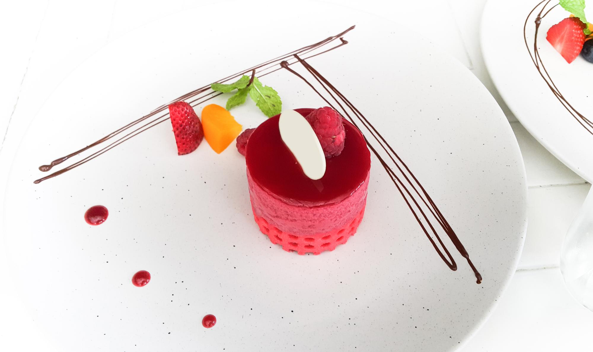Close-up plated dessert with garnishes